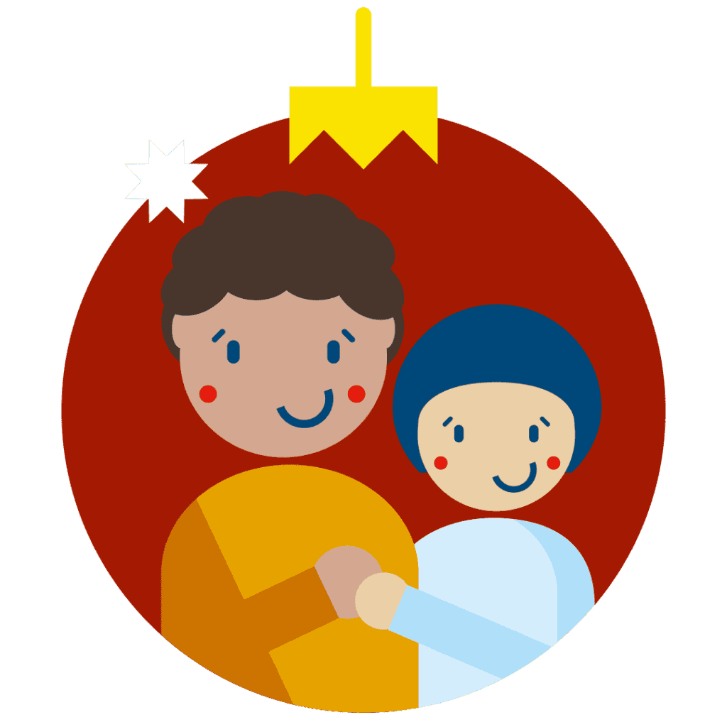 Stilisierte Maria-und-Josef-Figuren in einer ebensolchen Christbaumkugel. Illustration für einen Spenden-Artikel der Chancenstiftung